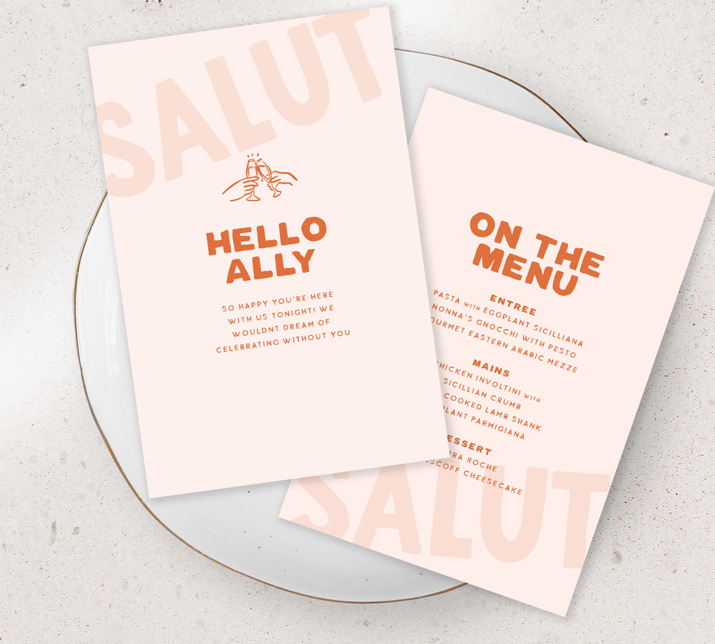Double sided Guest Menu from our Salut Collection - Burnt orange ink on Nude card