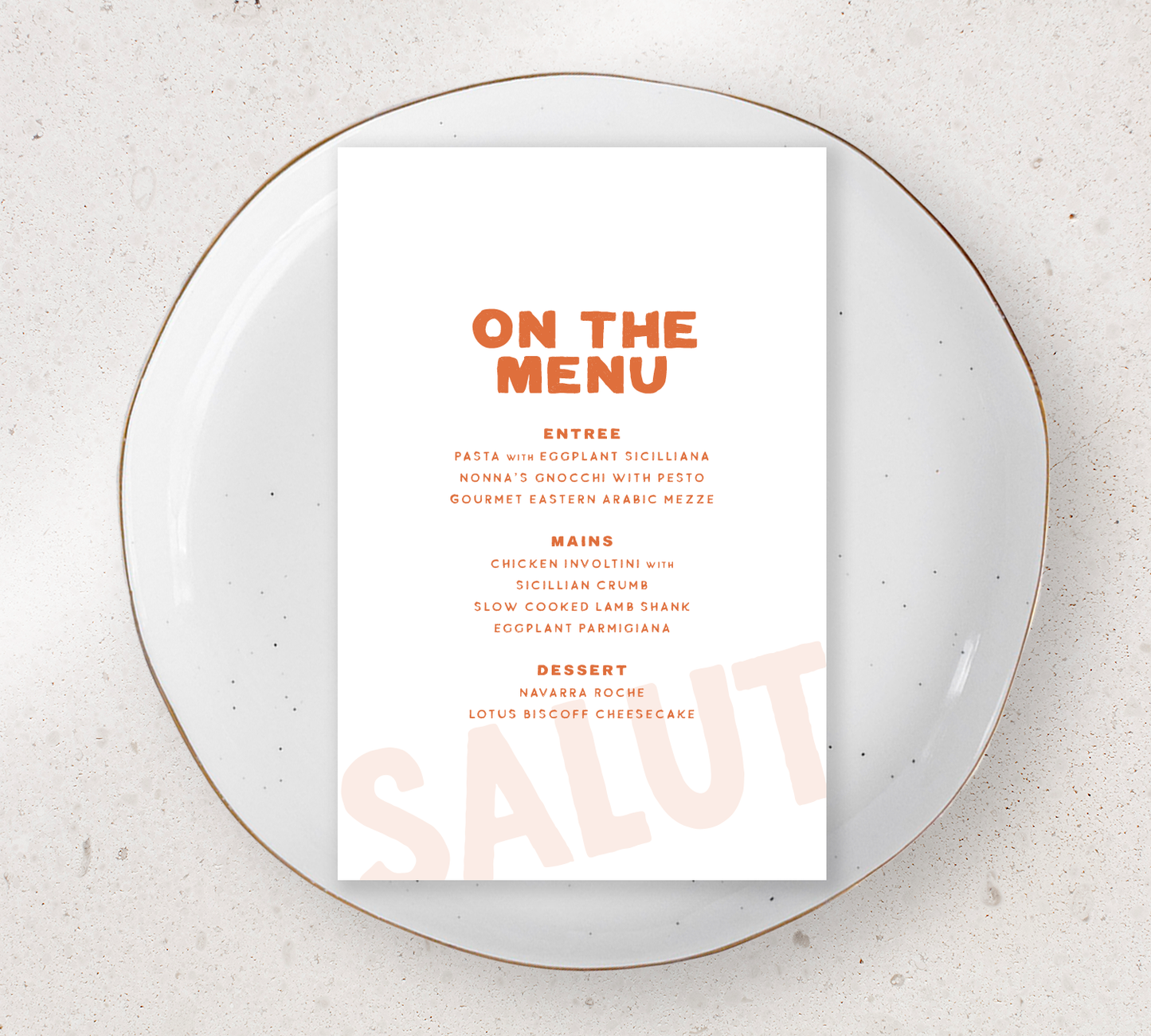Guest Menu from our Salut Collection - Burnt orange ink on White card