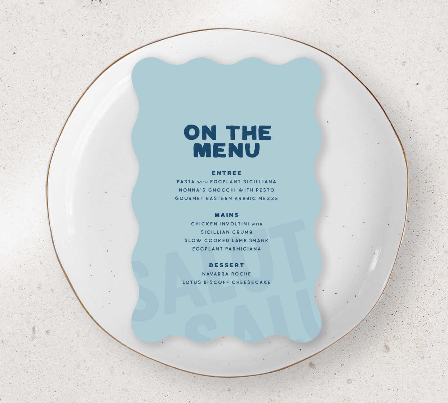 Wave Guest Menu from our Salut Collection - Midnight Blue ink on Duck egg blue card