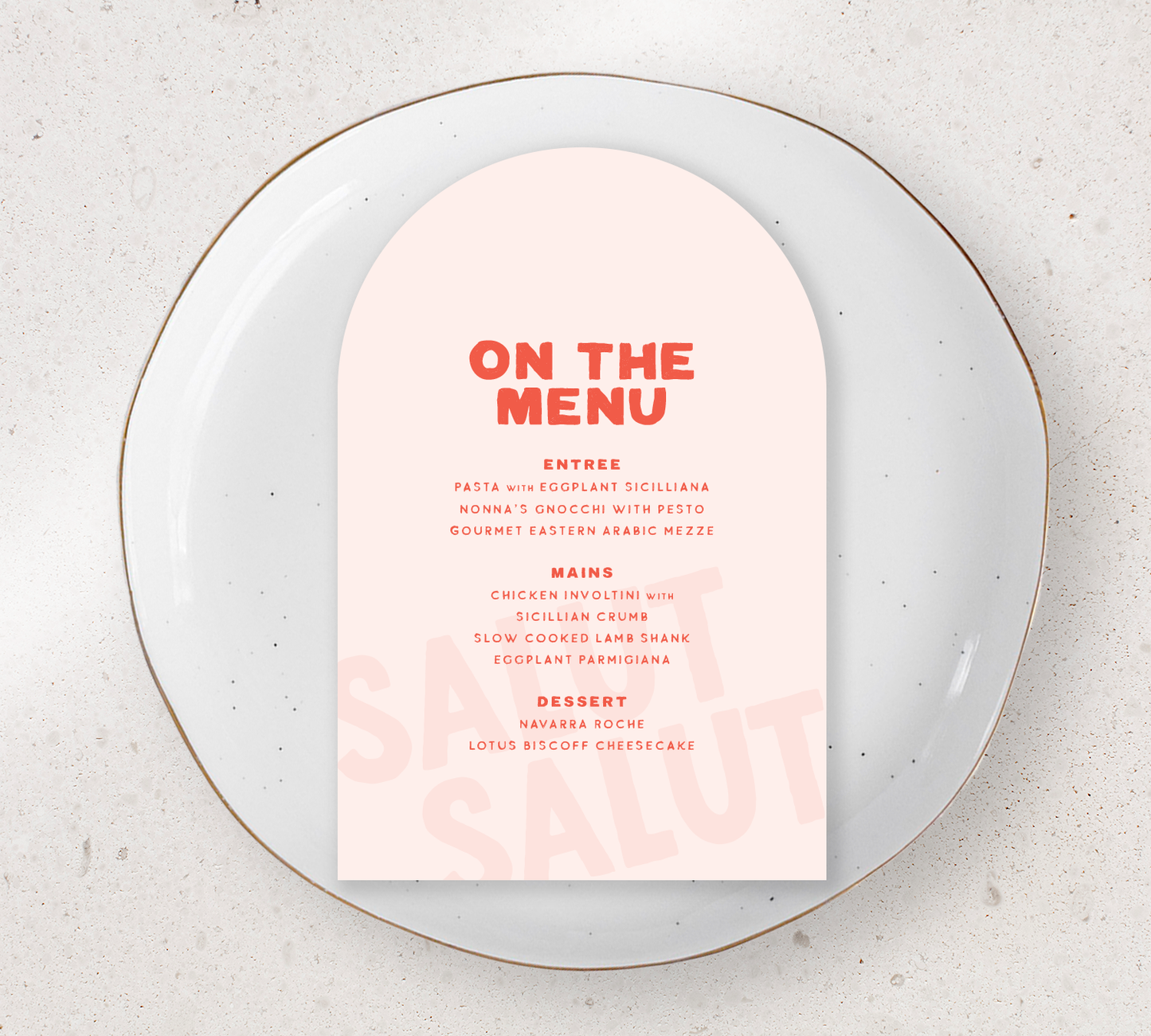 Arch Guest Menu from our Salut Collection - Cayenne ink on Nude card