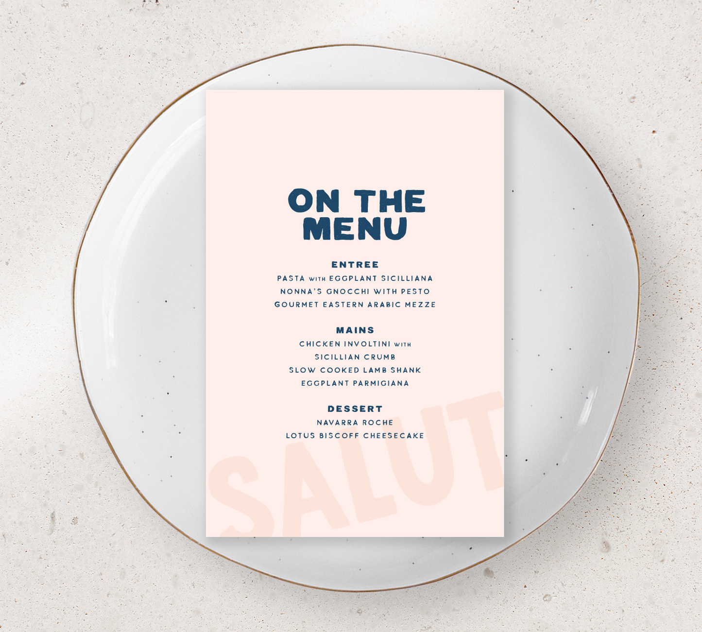 Guest Menu from our Salut Collection - Midnight Blue ink on Nude card