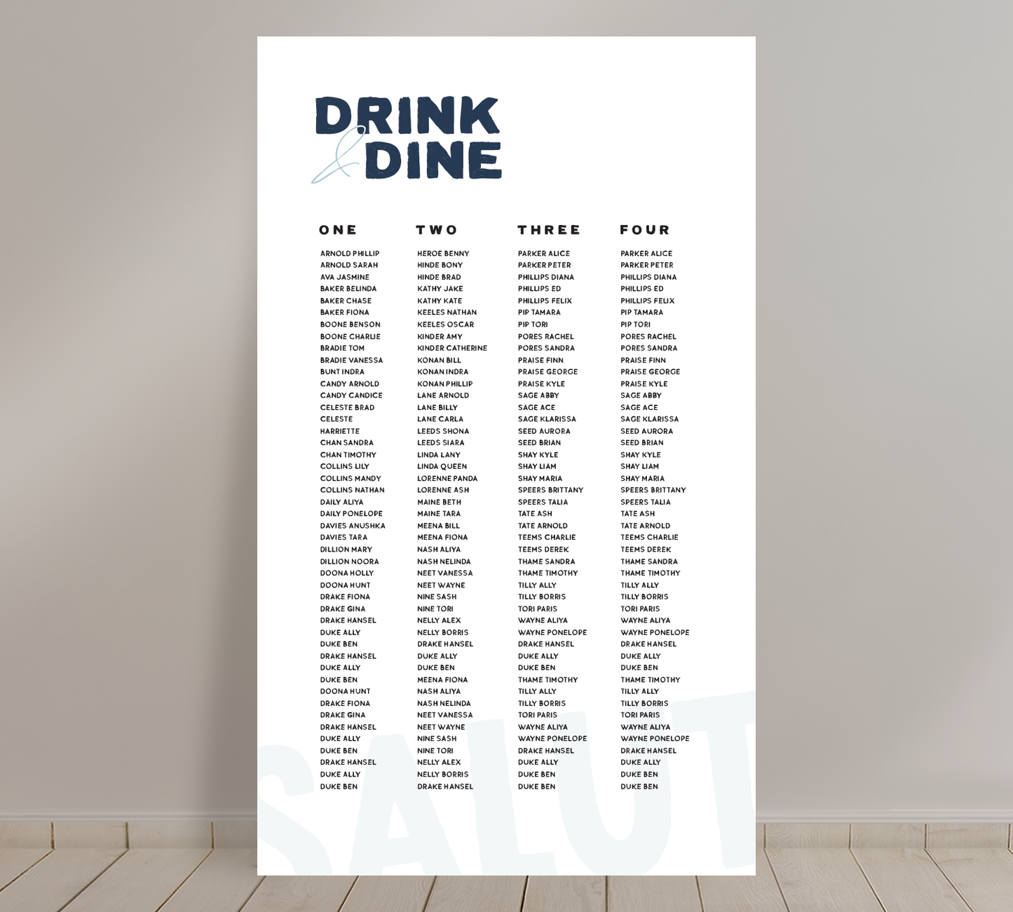 Tall A1 Guest Seating Chart from our Salut collection