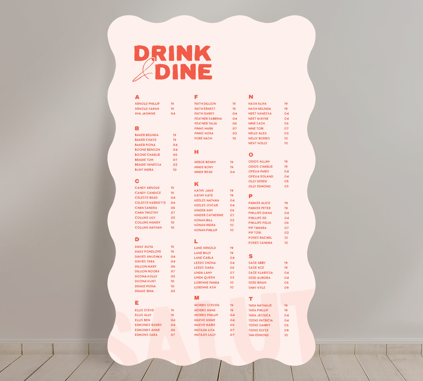 Tall A1 Guest Seating Chart from our Salut collection