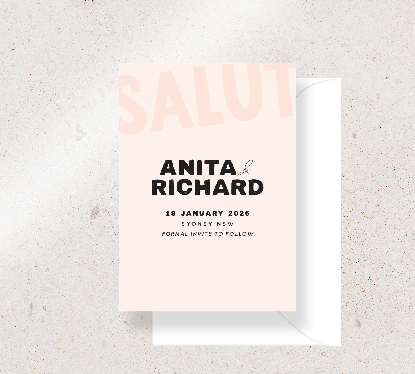Save the Date Announcement Card from our Salut Collection - Black ink on Nude card, paired here with a White envelope