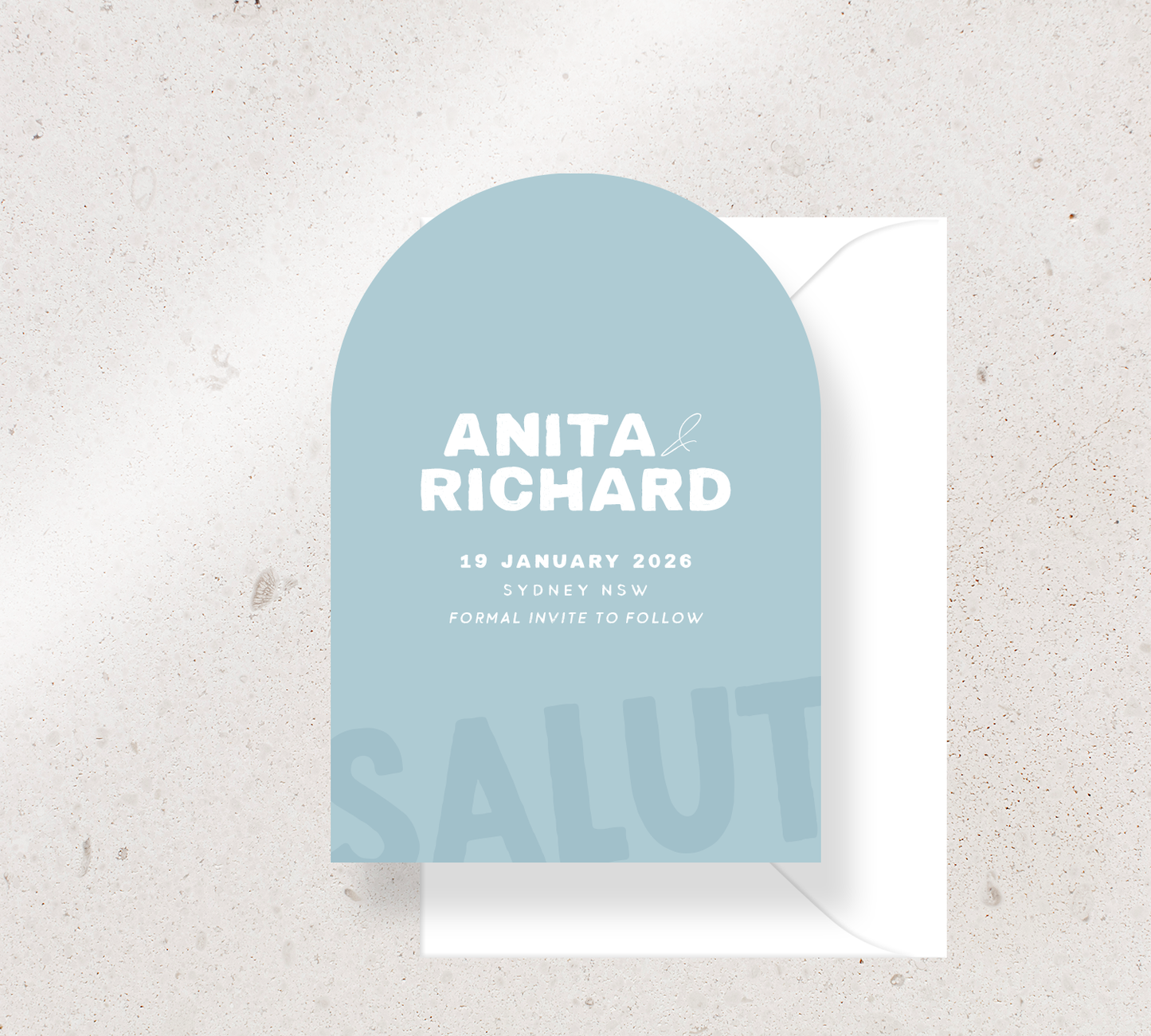 Arch Save the Date Announcement Card from our Salut Collection - White ink on Duck egg blue card, paired here with a white envelope