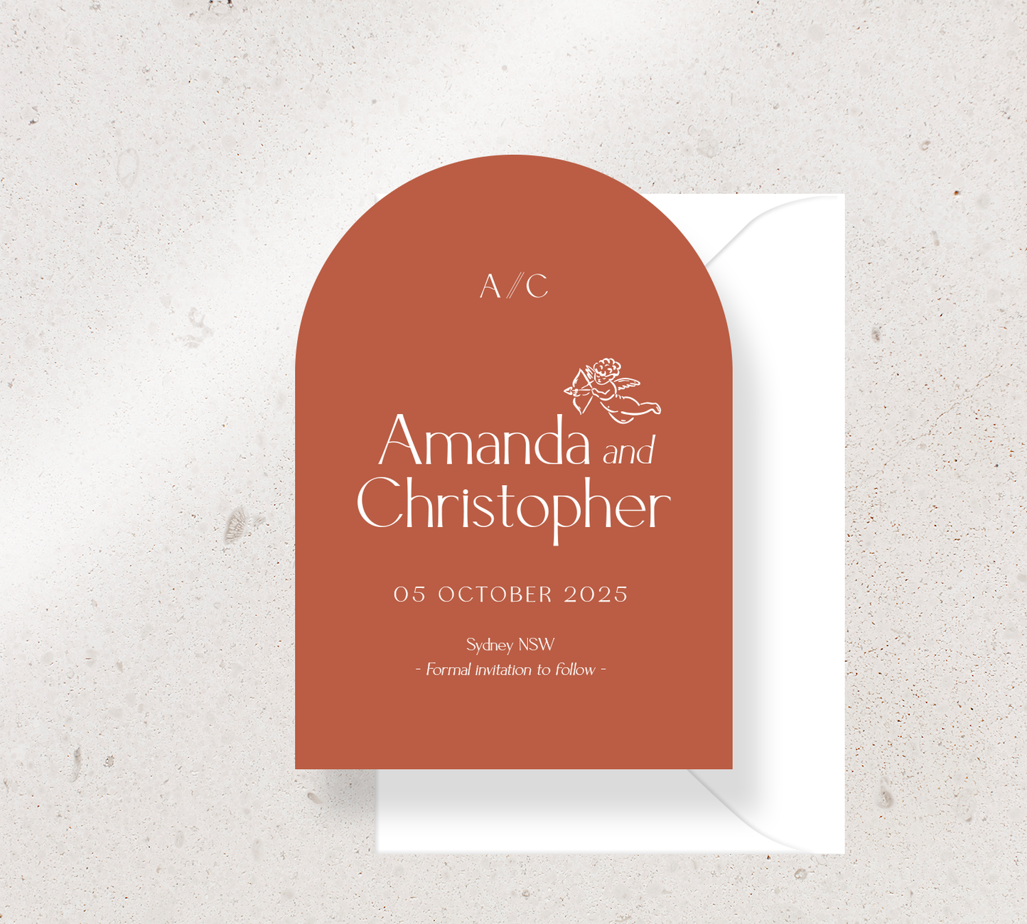 Arch Save the Date Announcement Card from our Forever Collection - White ink on Clay card, paired here with a White envelope