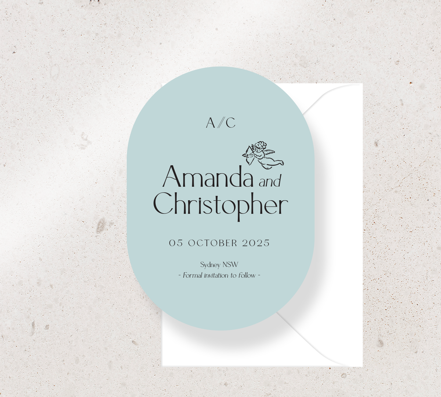 Oval Save the Date Announcement Card from our Forever Collection - Black ink on Duck egg blue card, paired here with a White envelope