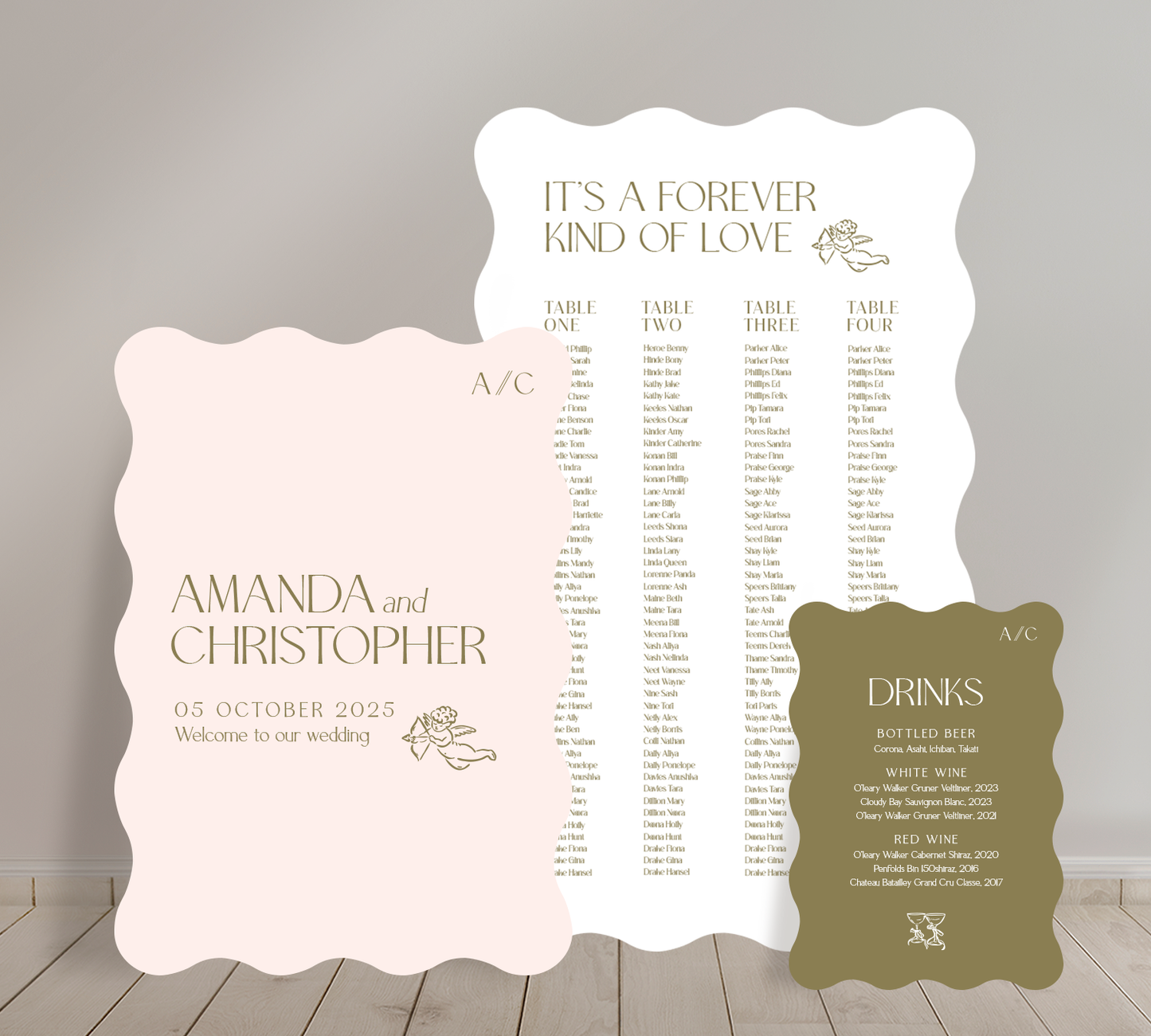 Cost effective Signage Trio from our Forever collection - Welcome sign, Seating chart & Bar Sign Combo