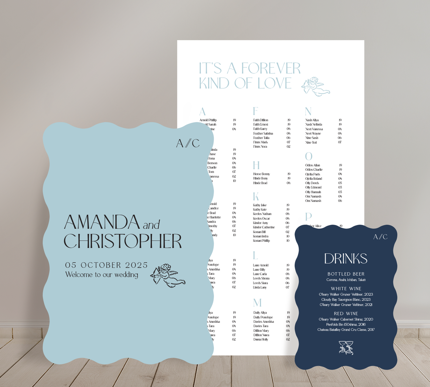 Cost effective Signage Trio from our Forever collection - Welcome sign, Seating chart & Bar Sign Combo