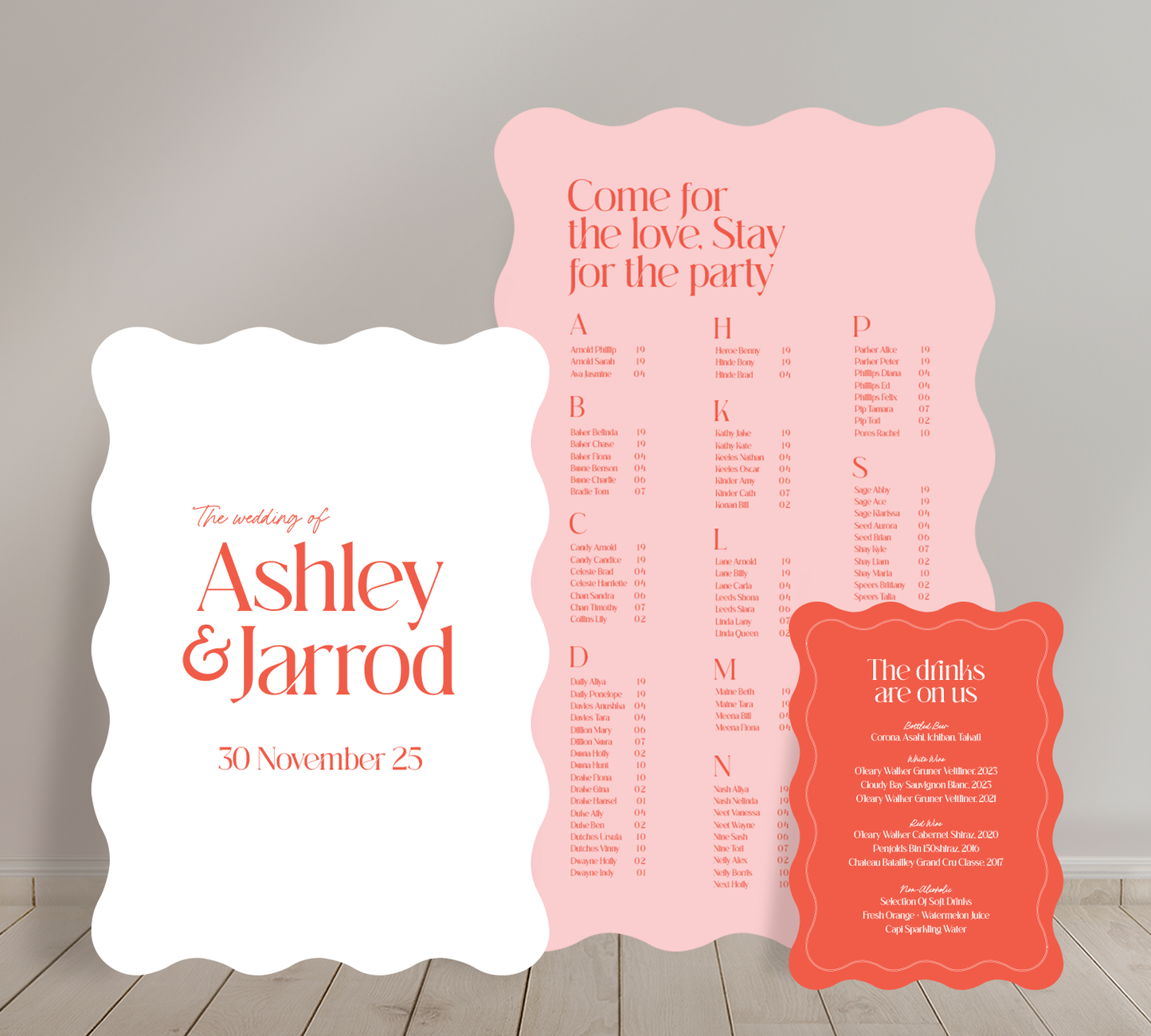 Cost effective Signage Trio from our Love Note collection - Welcome sign, Seating chart & Bar Sign Combo