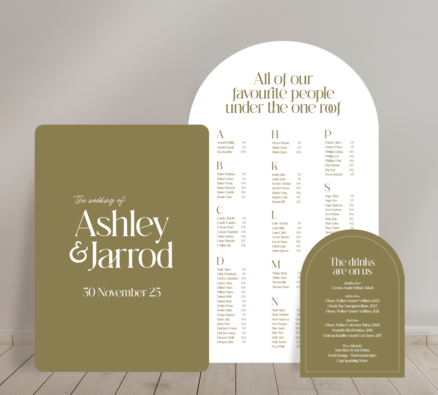 Cost effective Signage Trio from our Love Note collection - Welcome sign, Seating chart & Bar Sign Combo