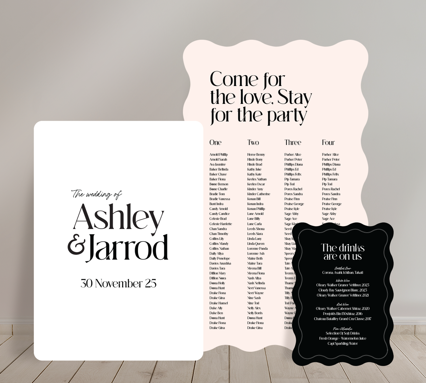 Cost effective Signage Trio from our Love Note collection - Welcome sign, Seating chart & Bar Sign Combo