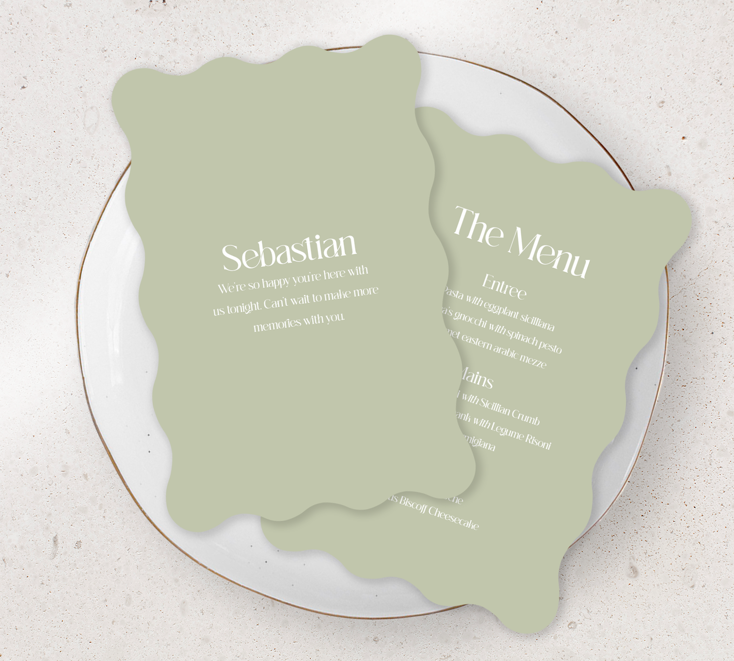 Double sided Wave Guest menu's from our Love Note collection - White ink on Matcha card