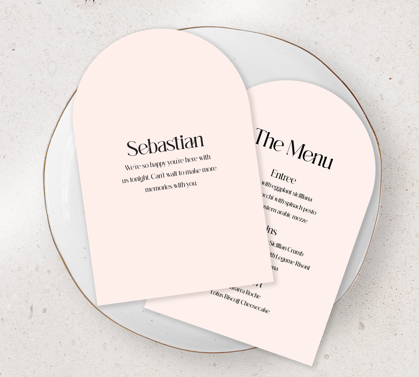 Double sided Arch Guest menu's from our Love Note collection - Black ink on Nude card