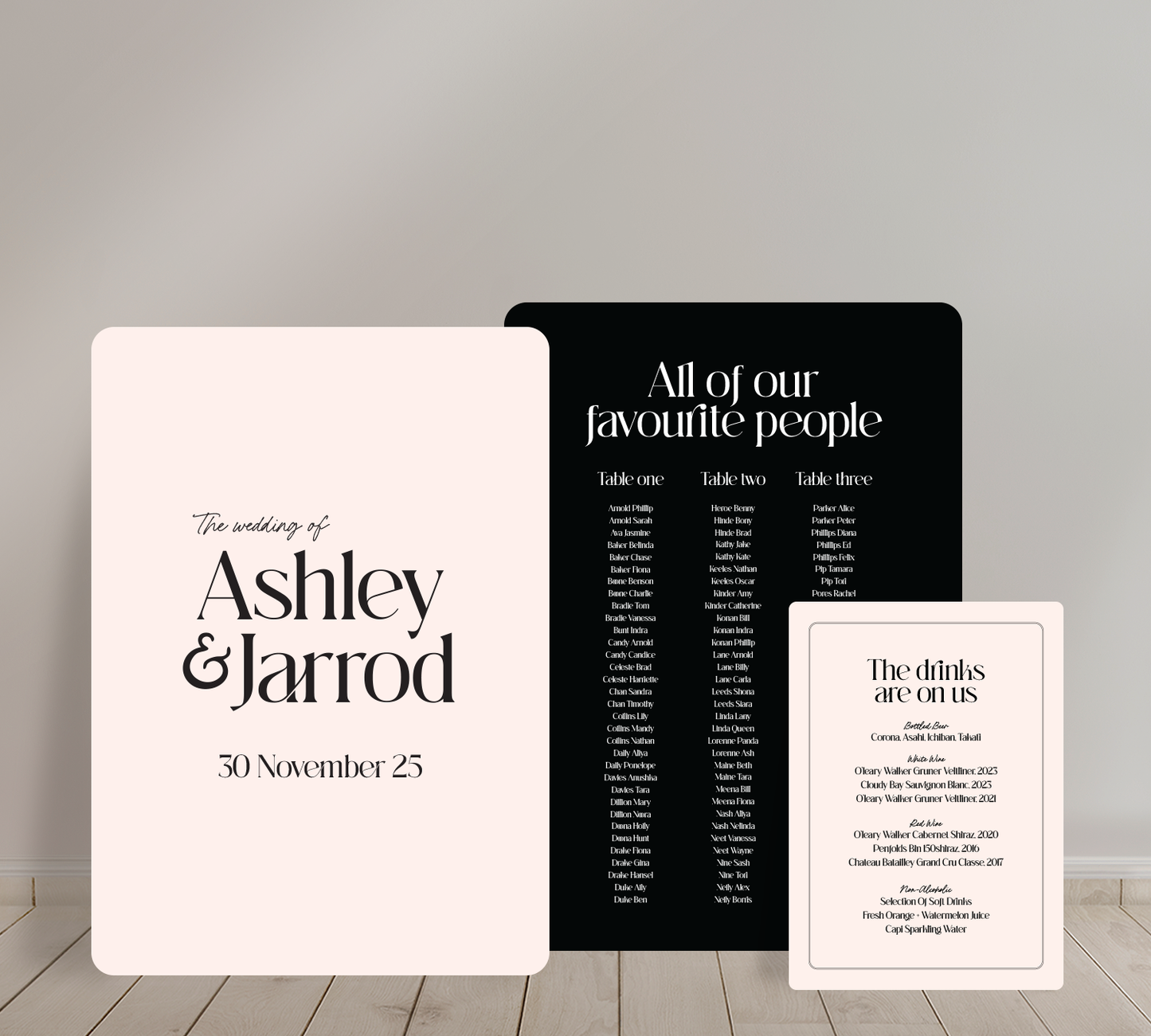 Cost effective Signage Trio from our Love Note collection - Welcome sign, Seating chart & Bar Sign Combo