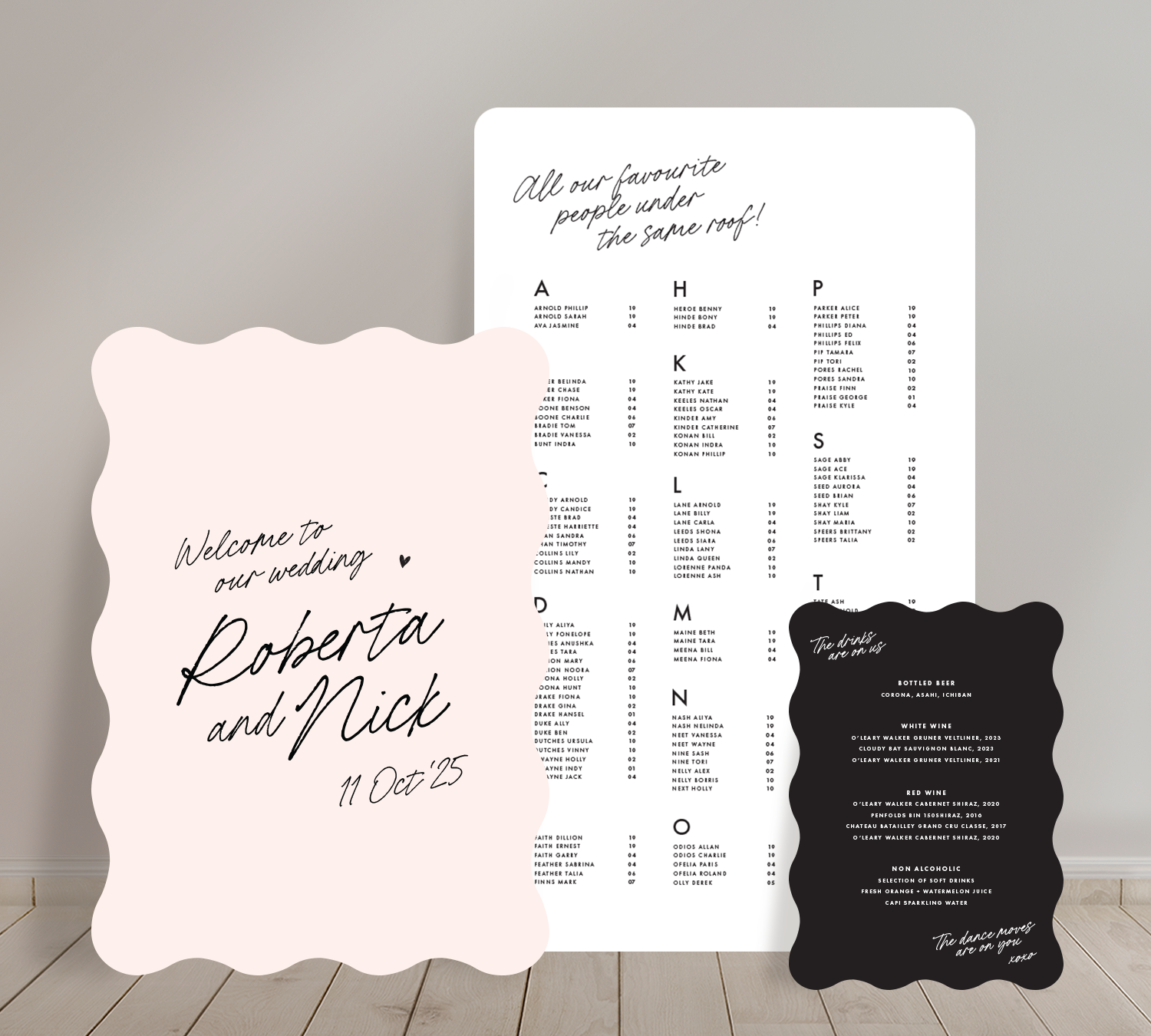 Cost effective Signage Trio from our Ardour collection - Welcome sign, Seating chart & Bar Sign Combo