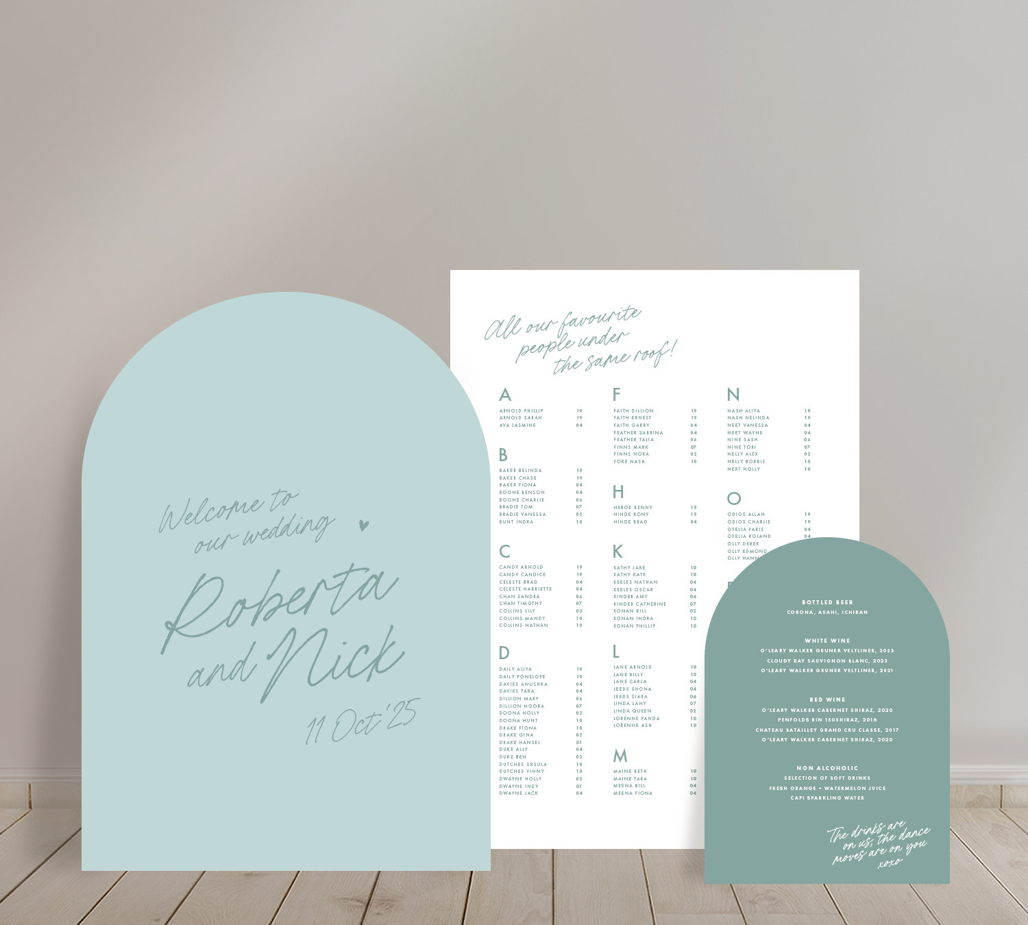 Cost effective Signage Trio from our Ardour collection - Welcome sign, Seating chart & Bar Sign Combo
