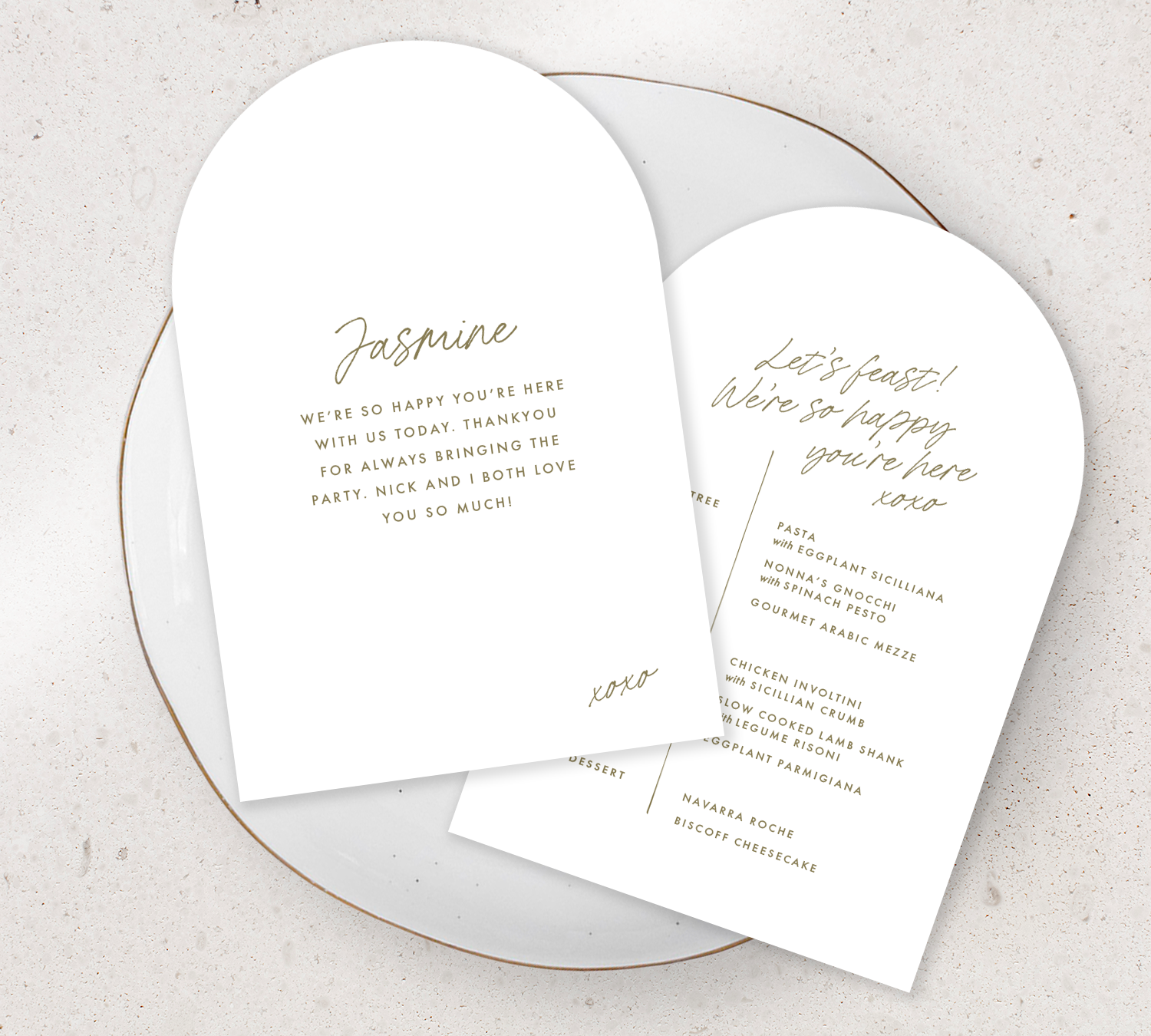 Double sided arch Guest menu from our Ardour collection - Olive ink on White card