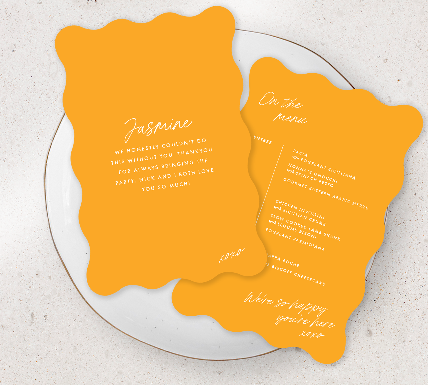 Double sided Wave Guest menu from our Ardour collection - White ink on Pumpkin card