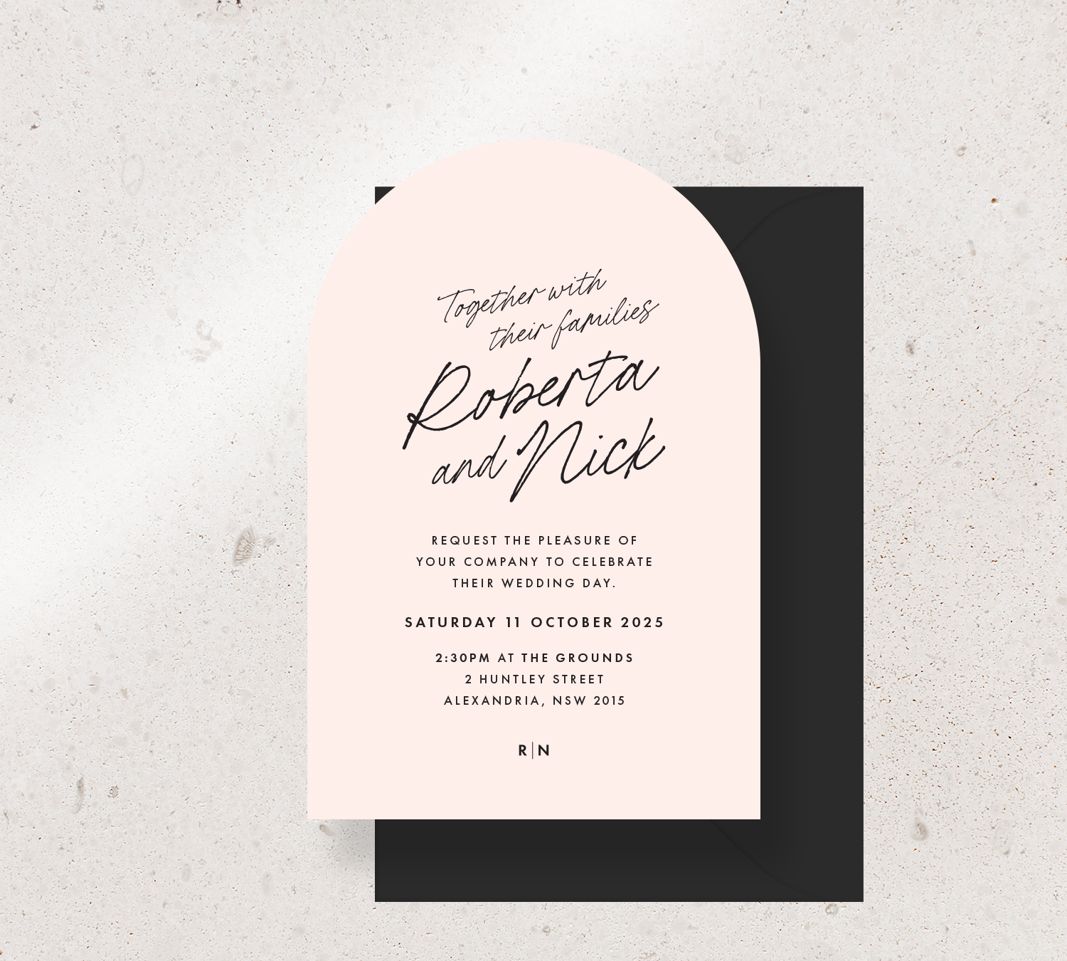 Arch shape invitation card from the Ardour collection - Nude stock and black ink, paired with a black envelope