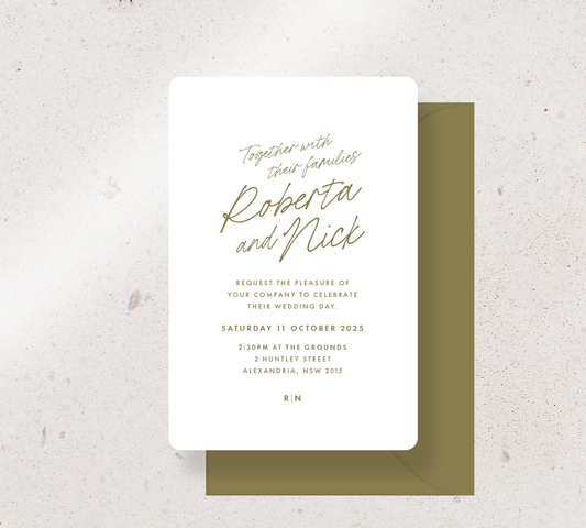 Rounded invitation card from the Ardour collection - White stock and Olive ink, paired with an olive envelope