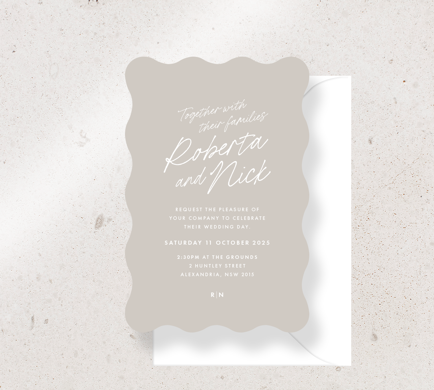 Wave shape invitation card from the Ardour collection - Stone stock and white ink, paired with a white envelope