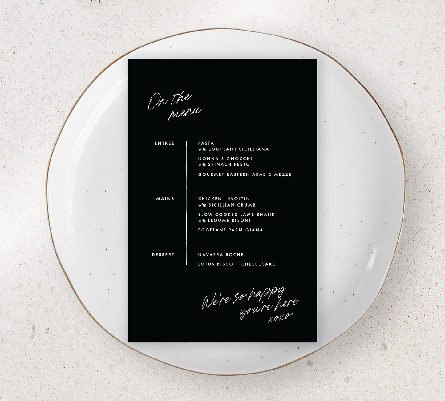 Guest menu from our Ardour collection - White ink on Black card