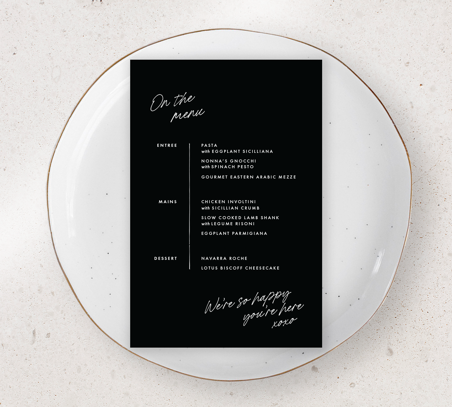 Guest menu from our Ardour collection - White ink on Black card