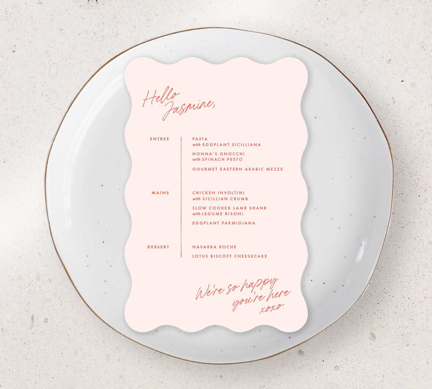 Wave Guest menu from our Ardour collection - Cayenne ink on Nude stock