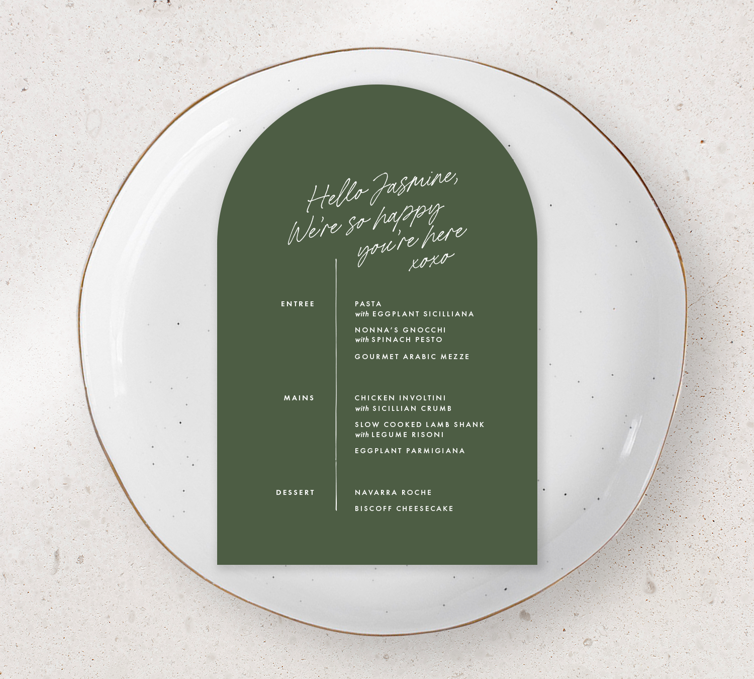 Arch Guest menu from our Ardour collection - White ink on Forest Green card