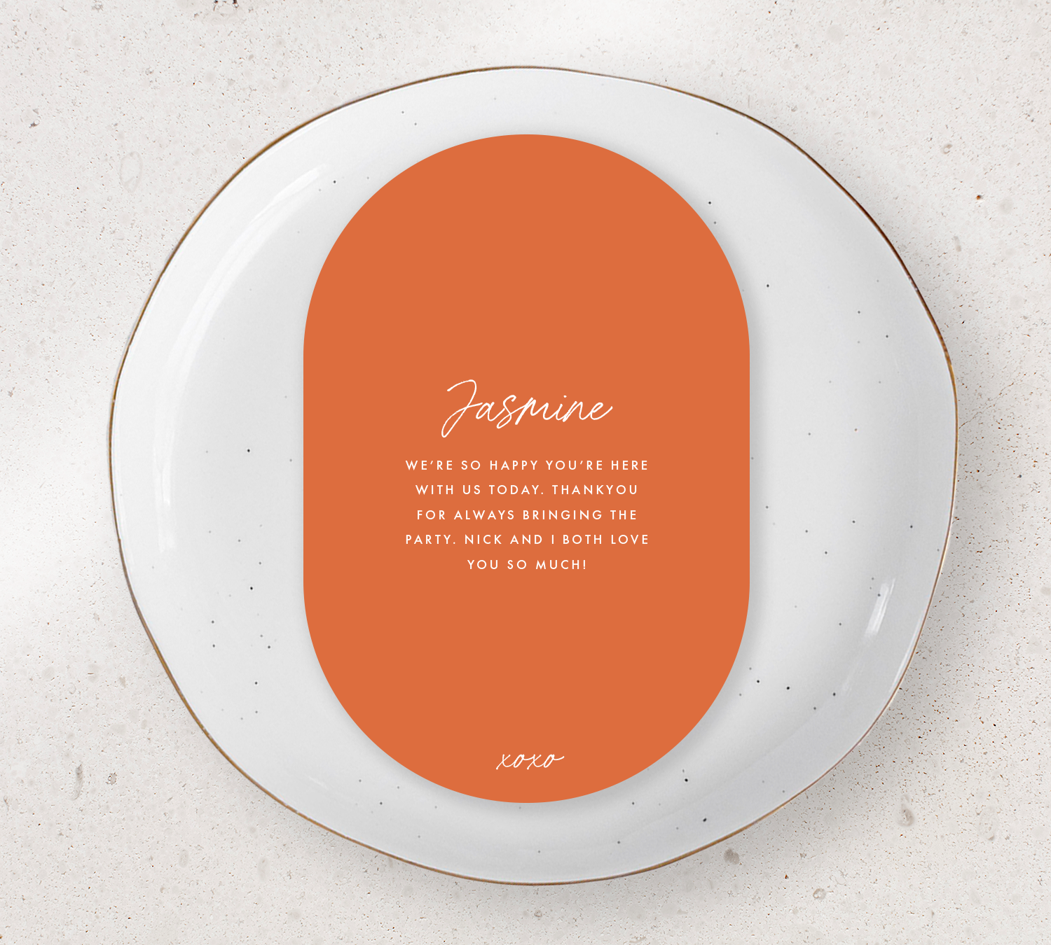 Oval Guest menu from our Ardour collection - White ink on Burnt Orange card
