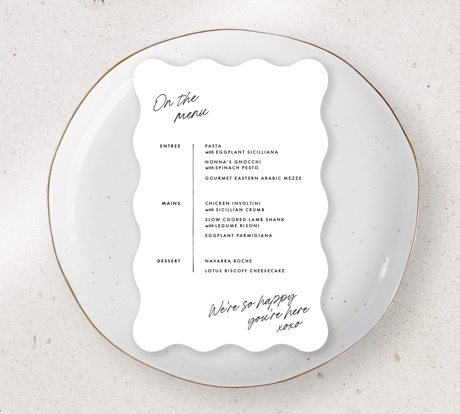 Wave Guest menu from our Ardour collection - Black ink on Nude stock
