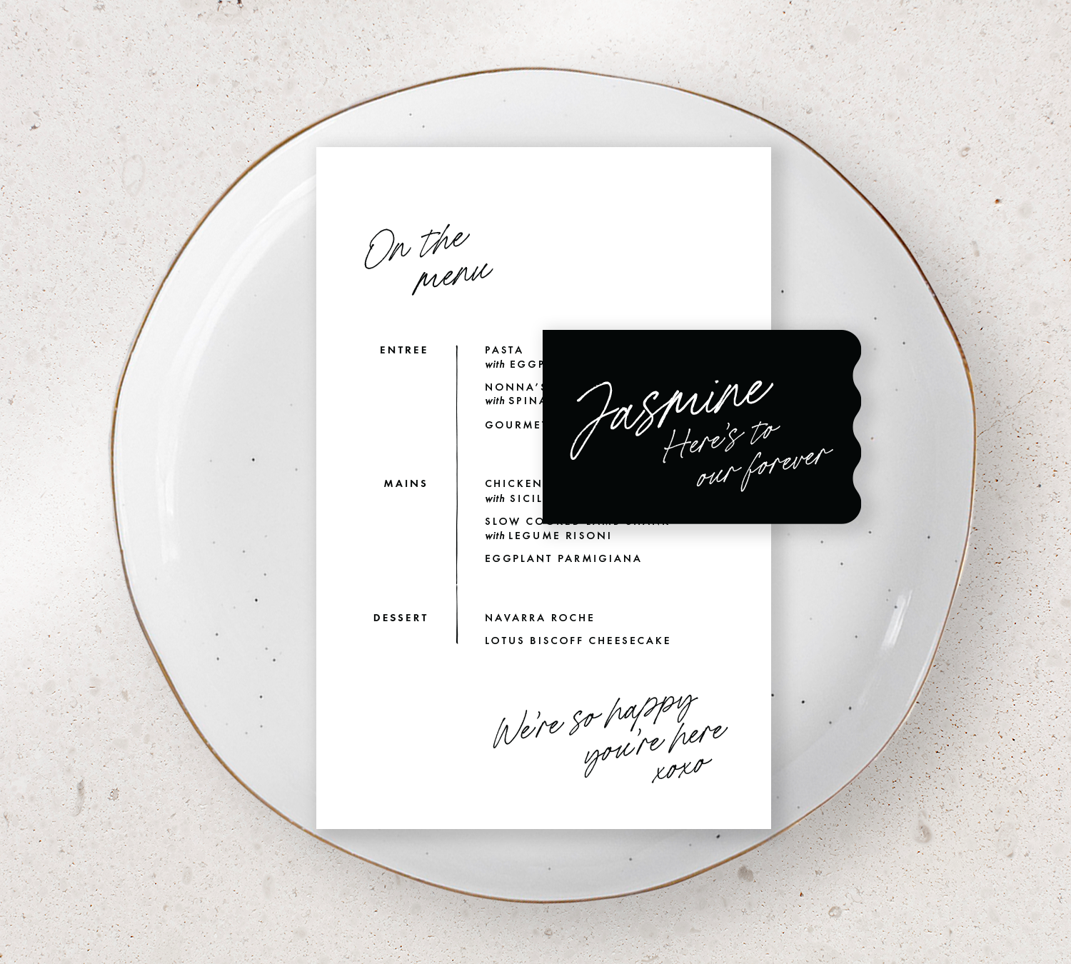 Place setting from our Ardour collection - Guest Menu and Place Card Combo