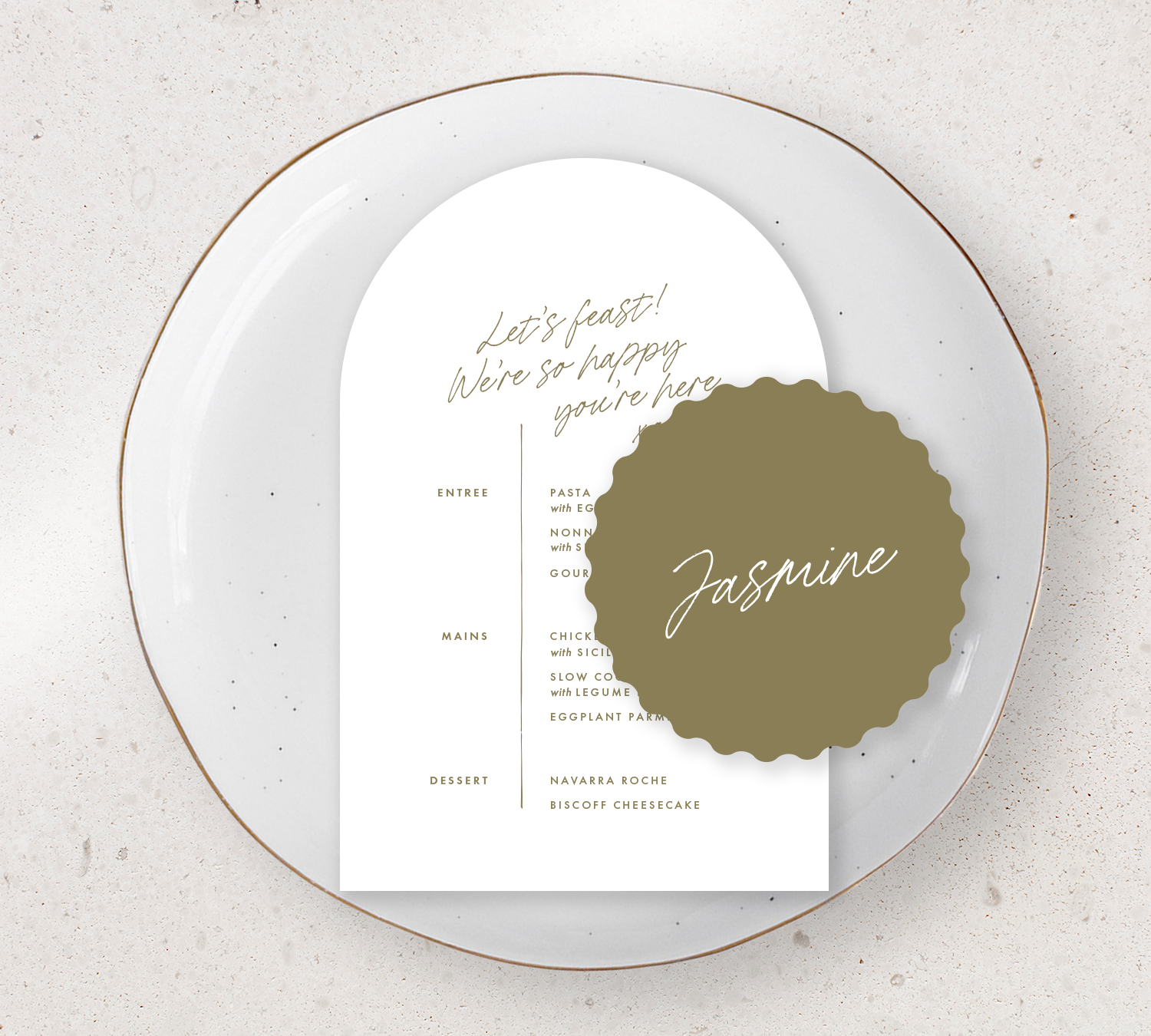 Place setting from our Ardour collection - Guest Menu and Place Card Combo