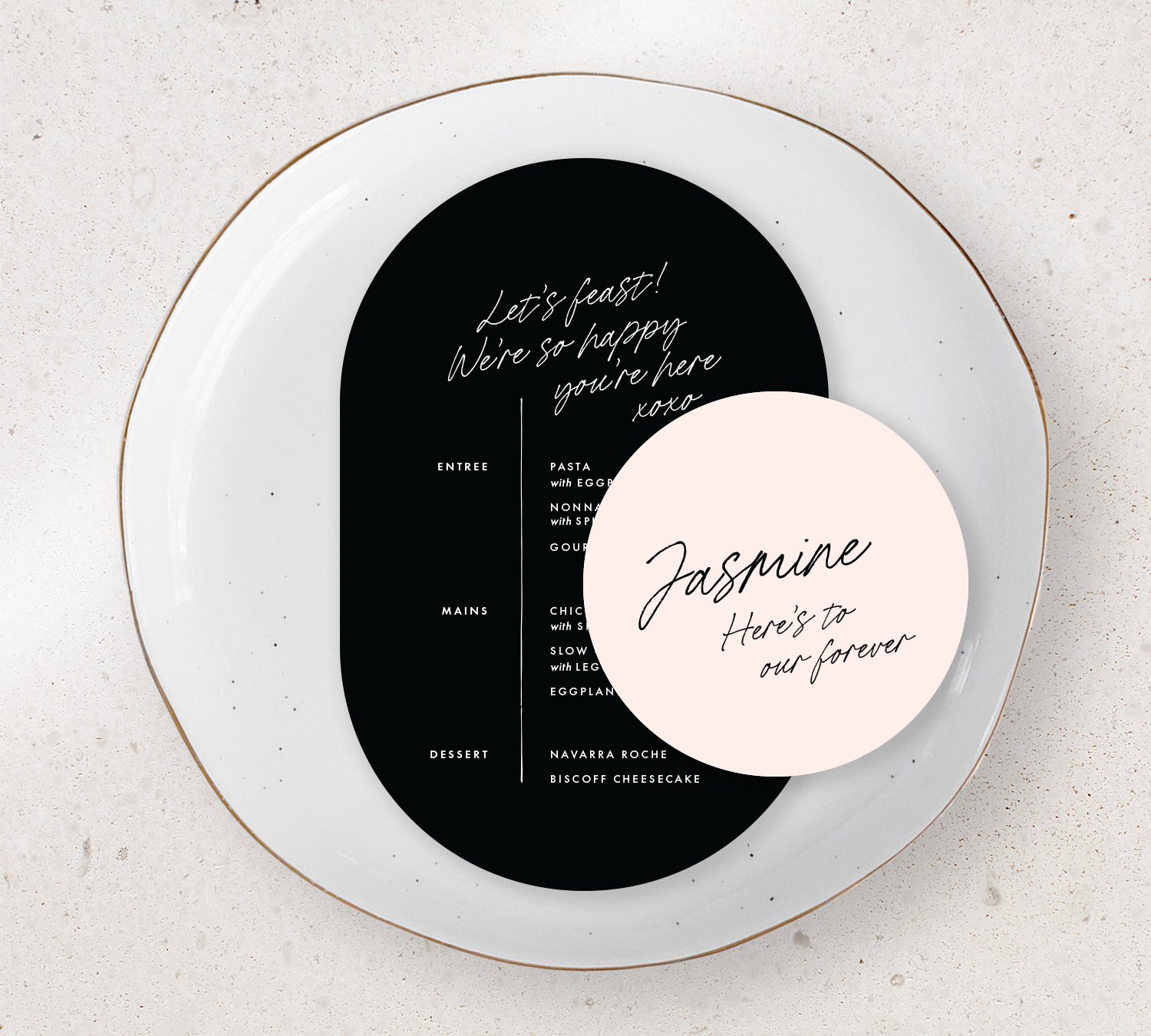 Place setting from our Ardour collection - Guest Menu and Place Card Combo