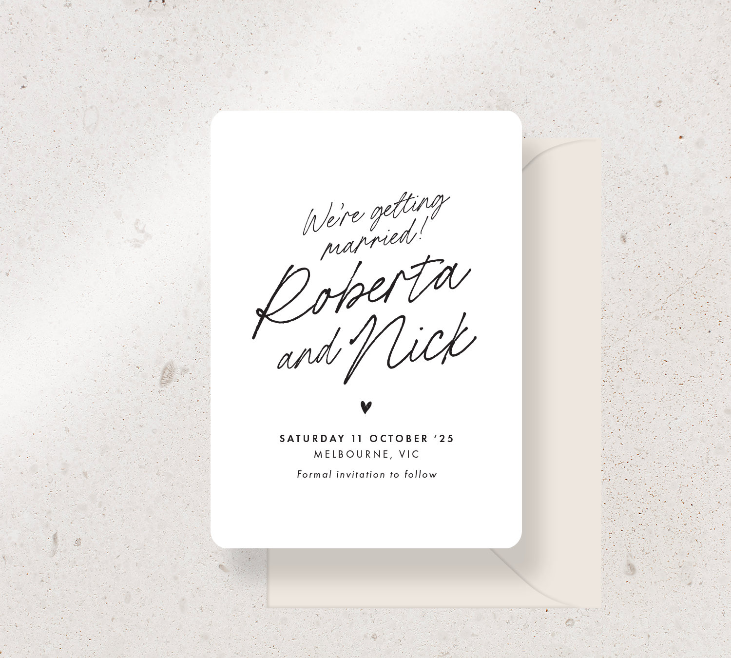Save the Date Announcement Card from our Ardour Collection - Black ink on White card, paired here with an Almond envelope