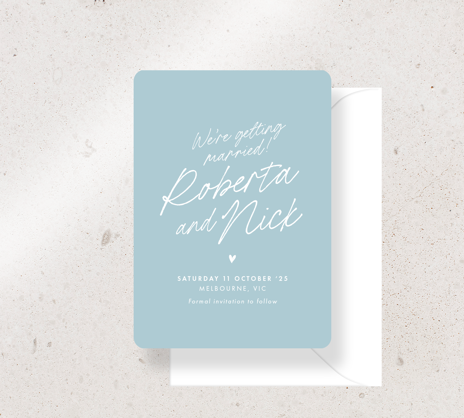 Save the Date Announcement Card from our Ardour Collection - White ink on Duck egg blue card, paired here with a White envelope