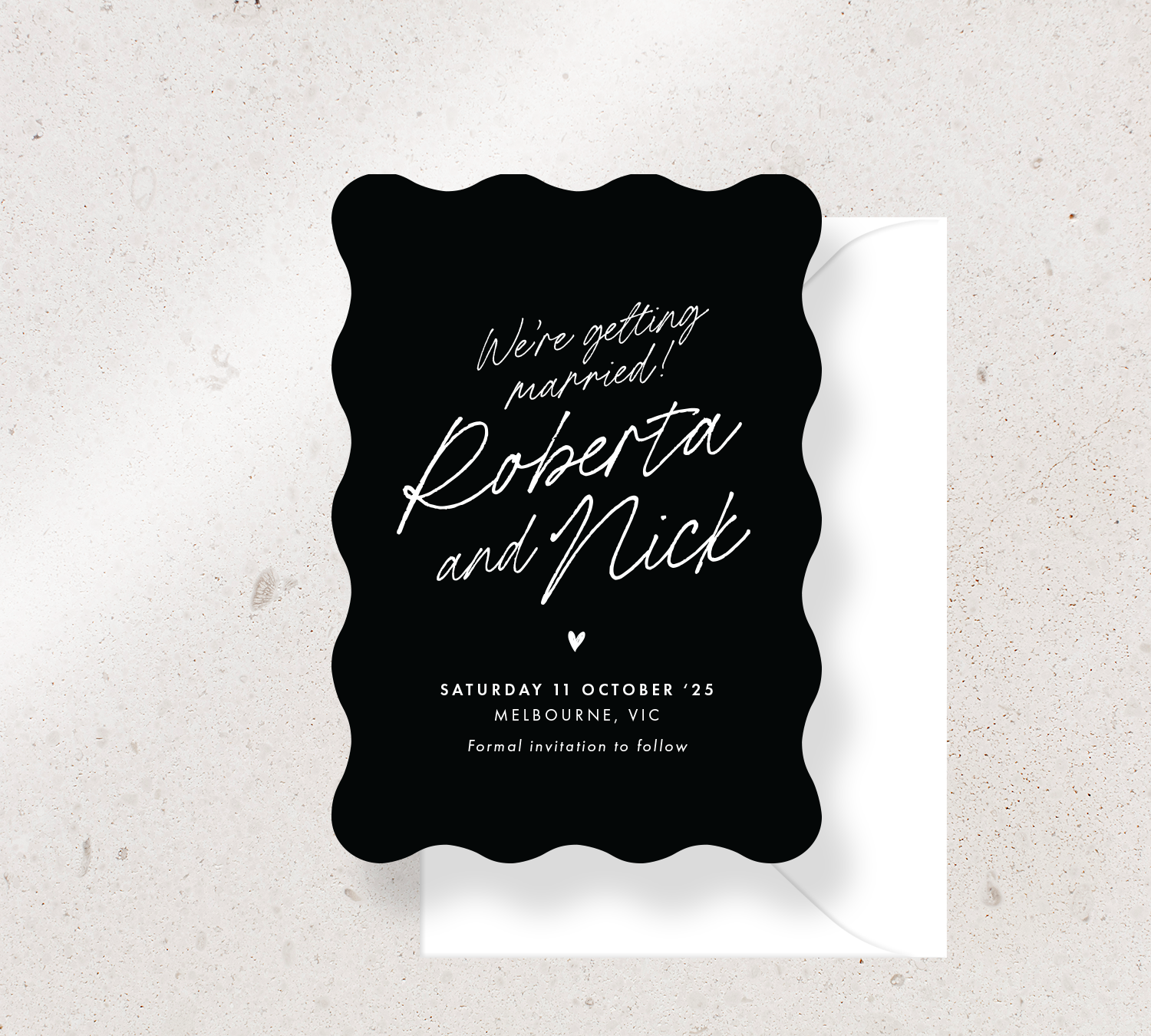 Wave Save the Date Announcement Card from our Ardour Collection - White ink on Black card, paired here with a White envelope