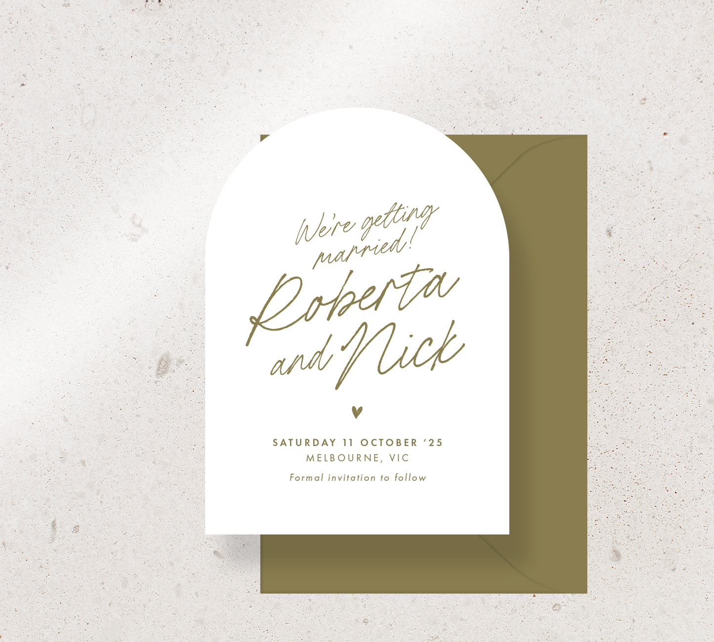 Arch Save the Date Announcement Card from our Ardour Collection - Olive ink on White card, paired here with an Olive envelope