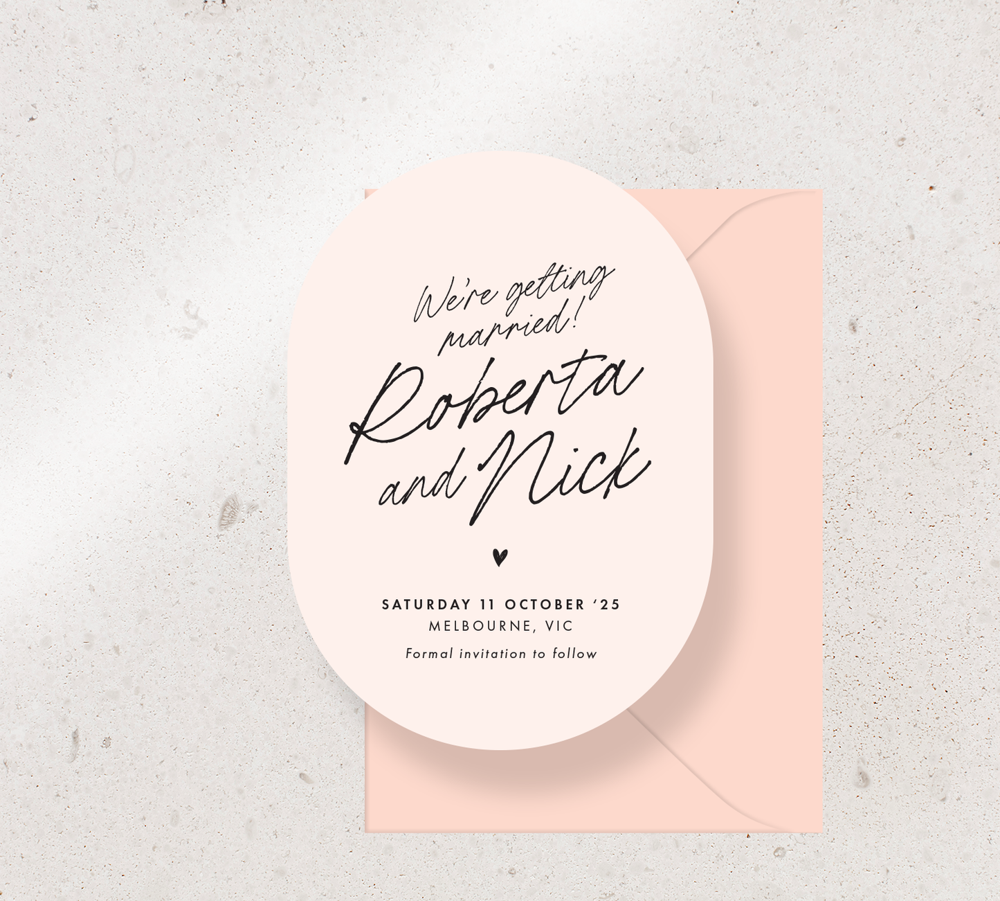 Oval Save the Date Announcement Card from our Ardour Collection - Black ink on Nude card, paired here with a Blush envelope