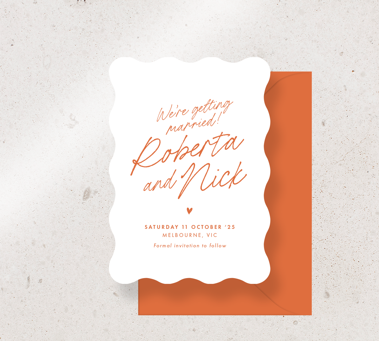 Wave Save the Date Announcement Card from our Ardour Collection - Burnt Orange ink on White card, paired here with a Burnt Orange envelope