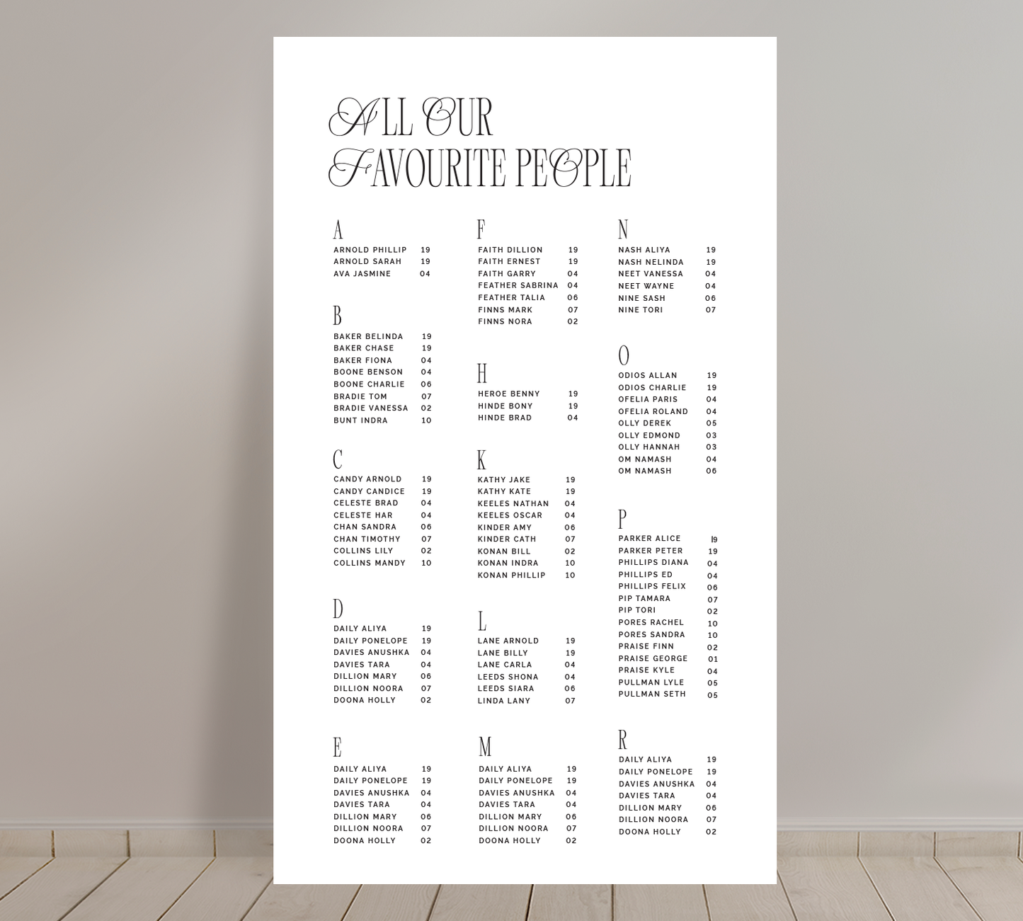 Tall A1 seating chart from the Bloom Collection