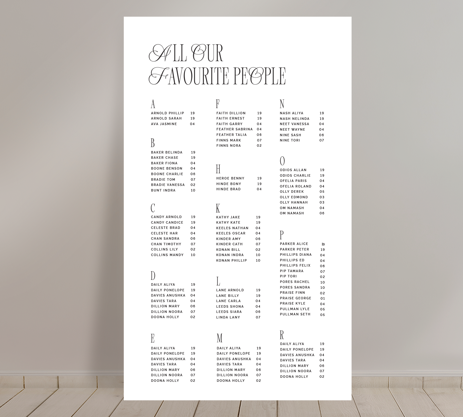 Tall A1 seating chart from the Bloom Collection