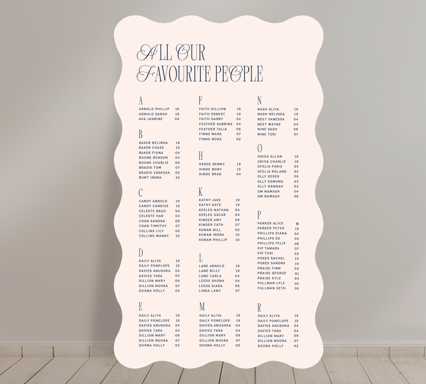 Wave shape Tall A1 seating chart from the Bloom Collection