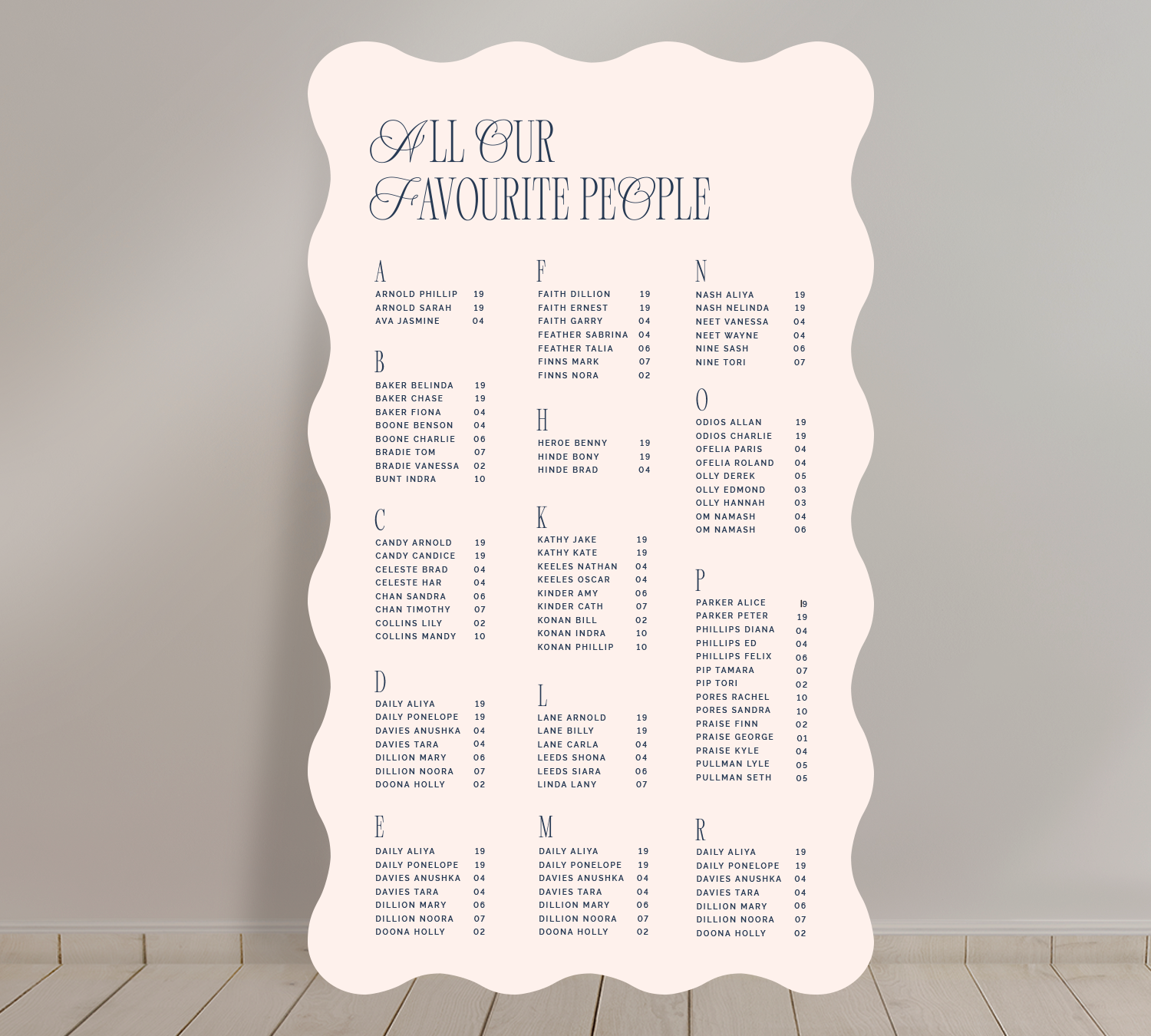 Wave shape Tall A1 seating chart from the Bloom Collection