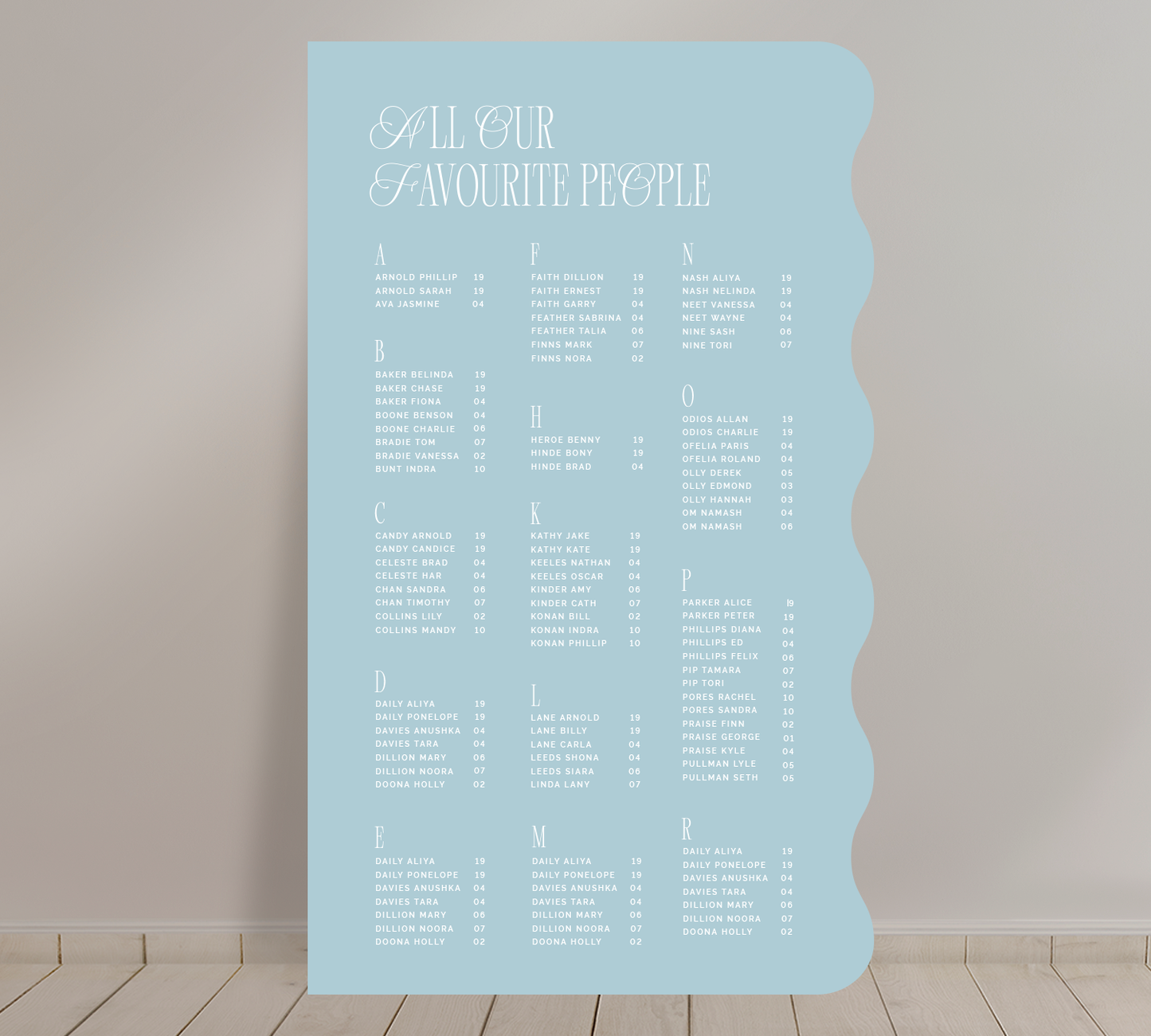 Wiggle shape Tall A1 seating chart from the Bloom Collection
