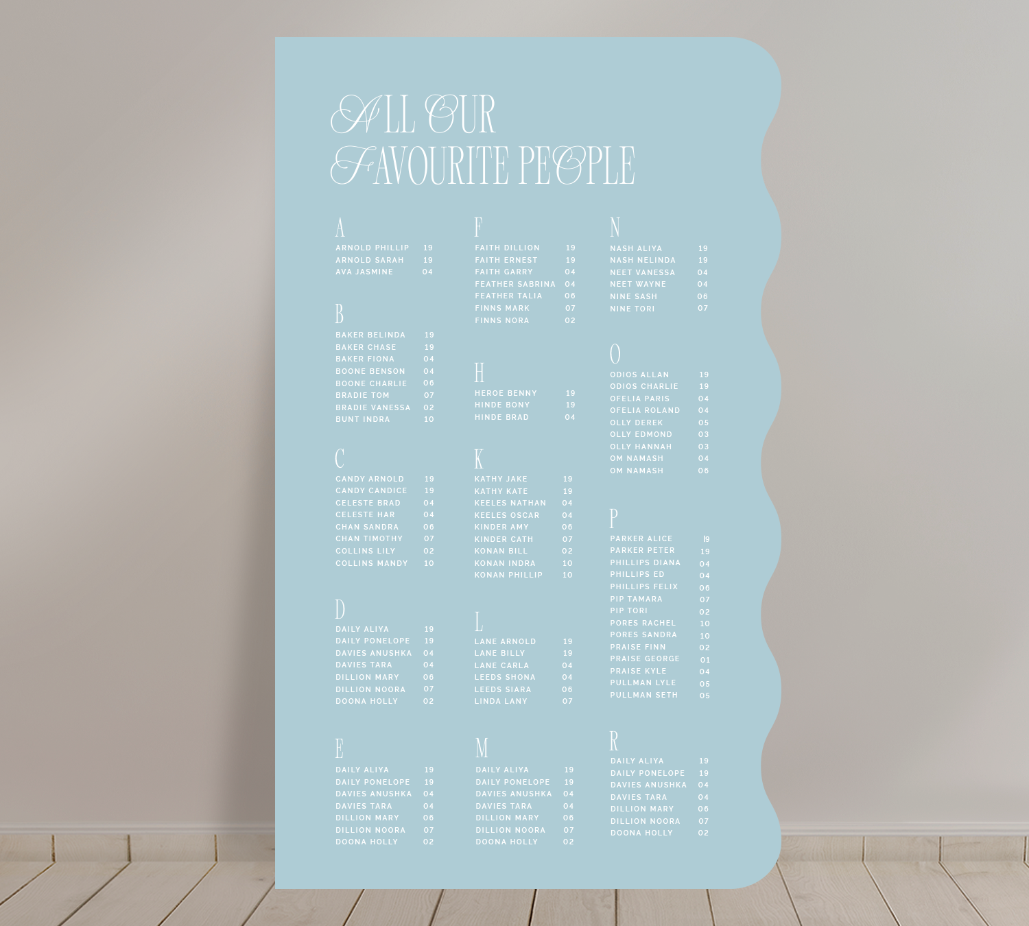 Wiggle shape Tall A1 seating chart from the Bloom Collection