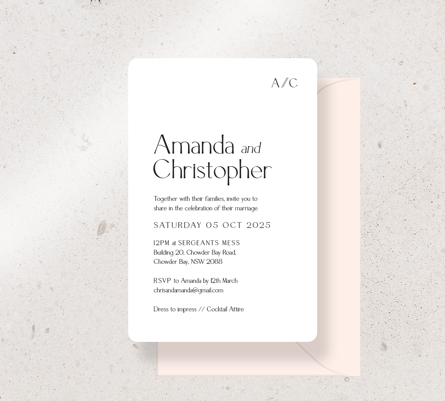 Customisable invitation design from our Estate collection - Black ink on White card, paired here with a Nude envelope