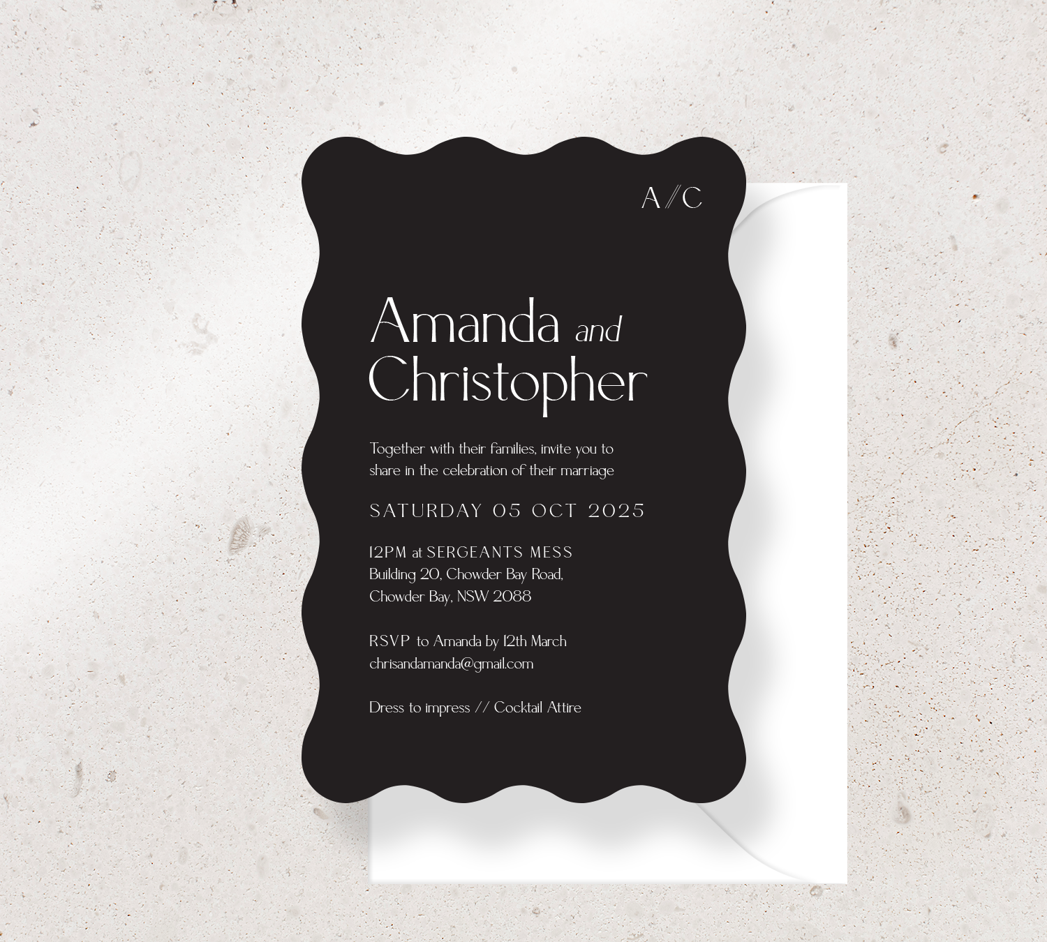 Customisable Wave invitation design from our Estate collection - White ink on Black card, paired here with a white envelope