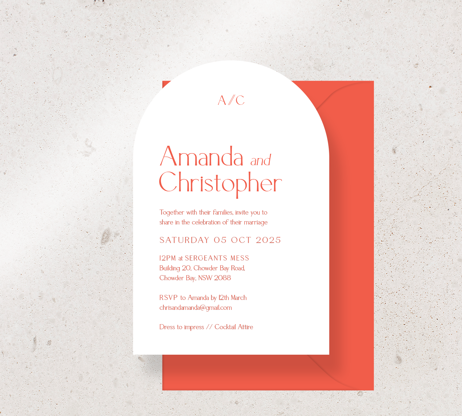 Customisable Arch invitation design from our Estate collection - Cayenne ink on White card, paired here with a Cayenne envelope